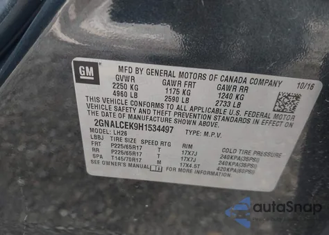 2017 Chevrolet Equinox Lt from USA, damaged, VIN 2GNALCEK9H1534497